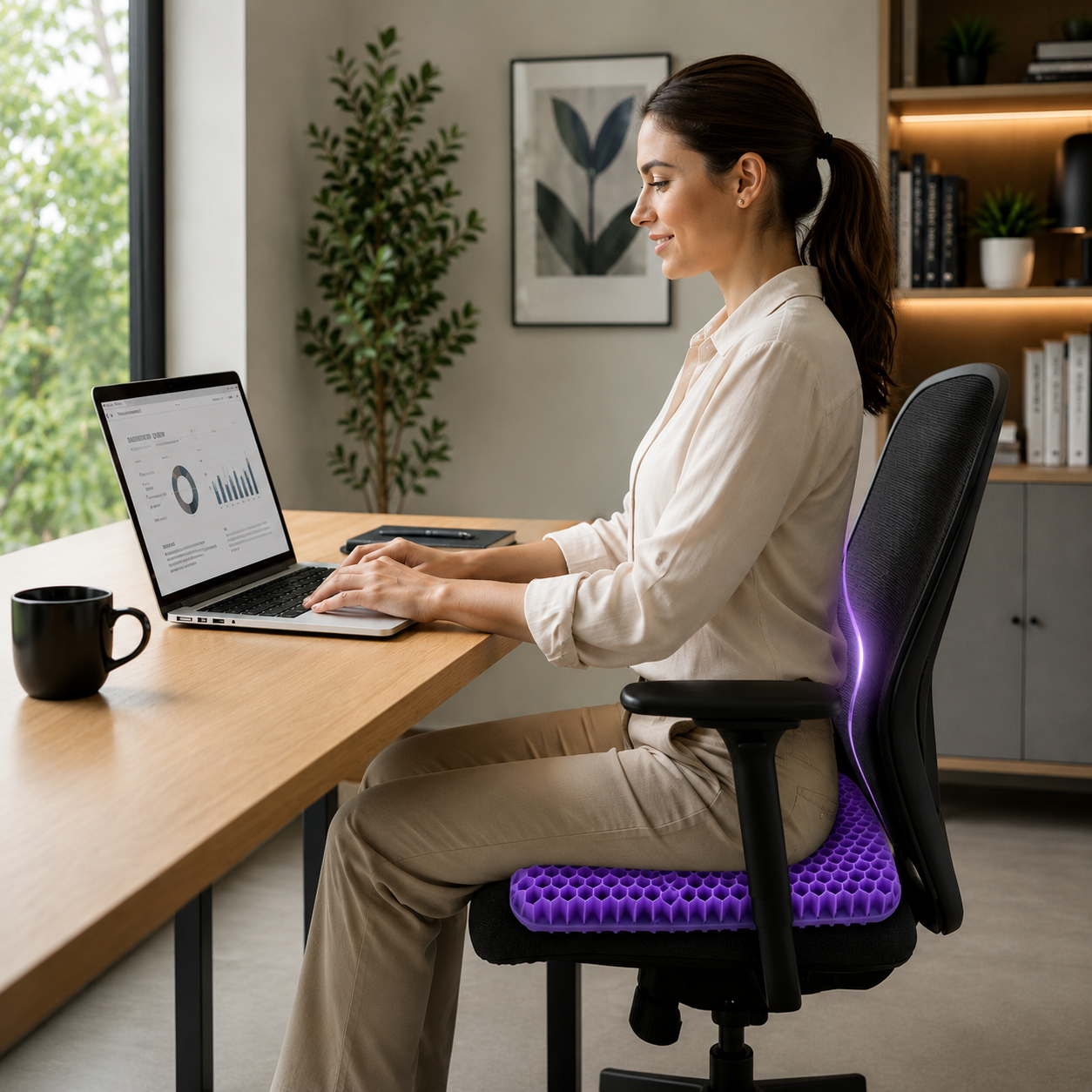 Woman at desk sitting on ComfortCore gel cushion for posture support