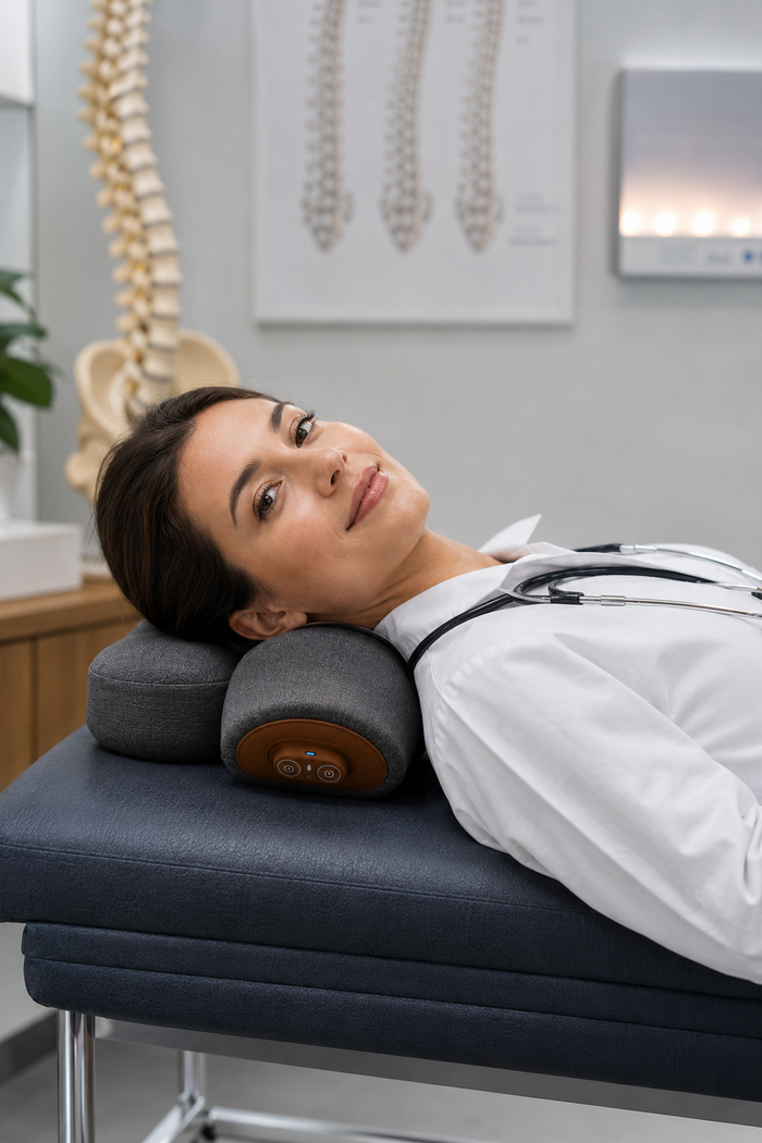 Joannie Lee, certified massage therapist, with the Cervia traction neck massager