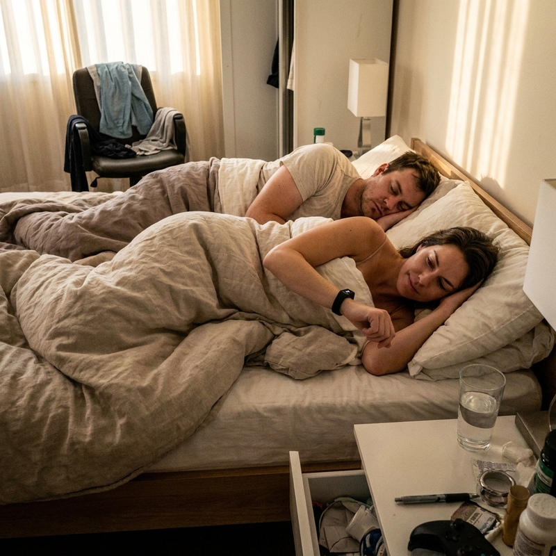 Woman waking calmly from a silent wrist vibration while her partner sleeps