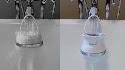 Side-by-side video comparison of bath water without and with the Gentle Bath Filter