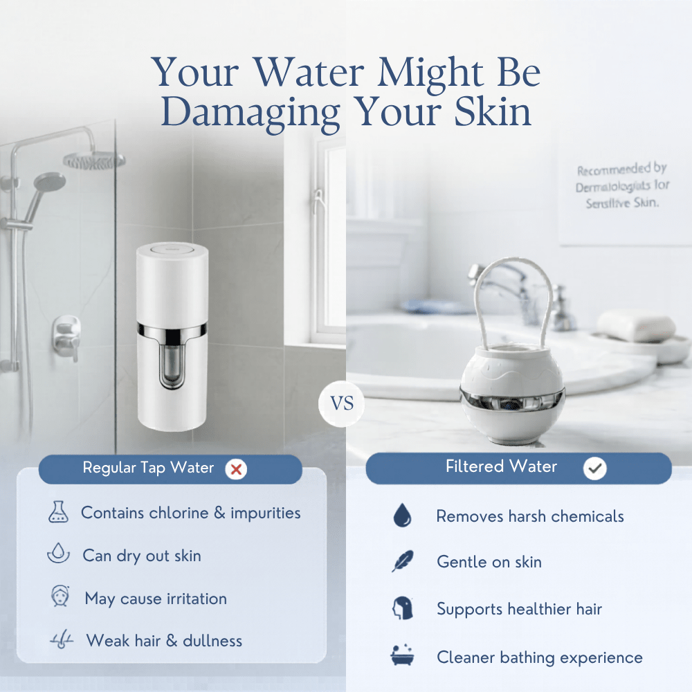 Comparison of regular tap water vs filtered water highlighting cleaner, gentler bathing with the Gentle Bath Filter