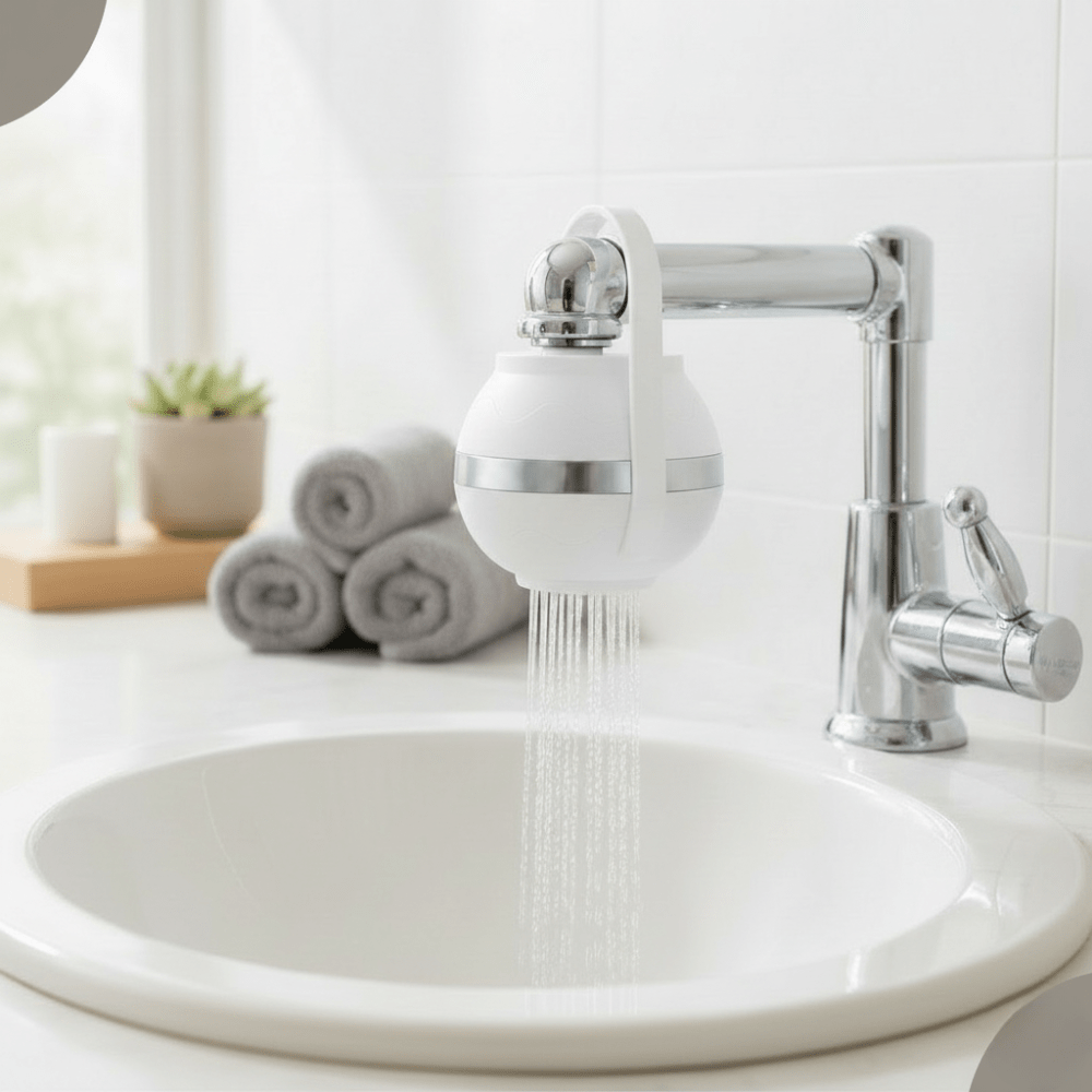 Gentle Bath Filter attached to bathroom faucet with soft water flowing into a clean white sink