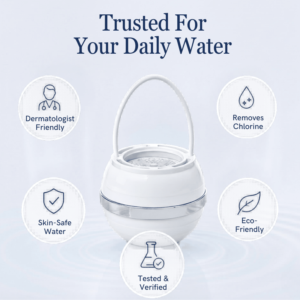 Gentle Bath Filter shown with key features: skin-safe water, chlorine removal, eco-friendly, tested and verified